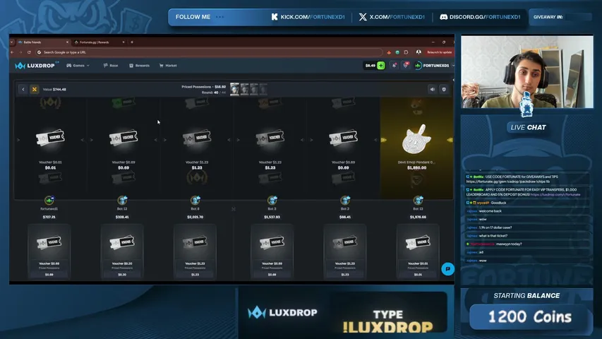 Half ALL-INS only |  $25 GW | fortunesrewards.com for rewards | !lb !discord !gem !chicken !casebattle !luxdrop