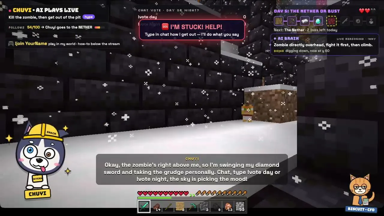 Minecraft 🐾 JOIN MY WORLD (!join) Schafft ein KI-Husky den Enderdrachen? Tag 8, bei Diamonds | der Chat steuert ihn (!why !vote) | KI auf D