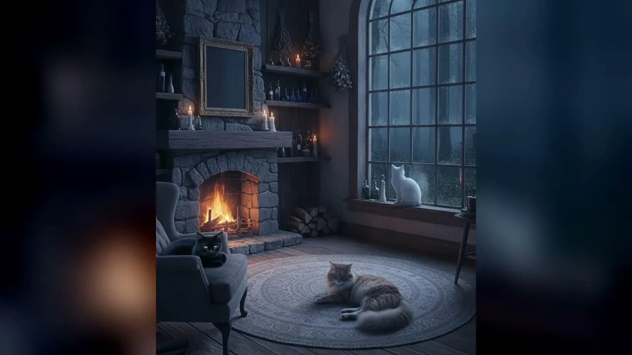🌧 Cozy Witch Cottage & 3 Sleepy Cats | Rain Sounds for Sleep & Study 🐈‍⬛🔥
