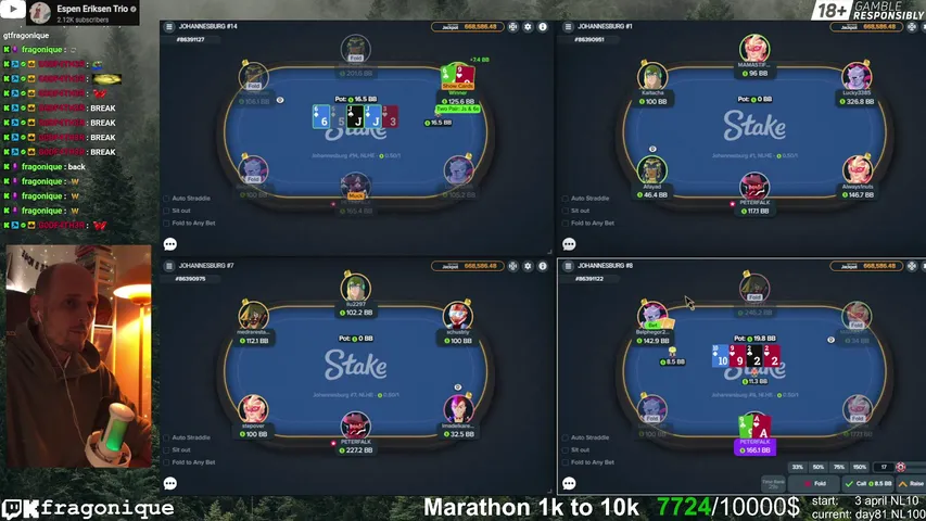 Stake Poker (PETERFALK). World KO Championship  + cash NL100/NL50. Marathon from 1k to 10k. Day 82.