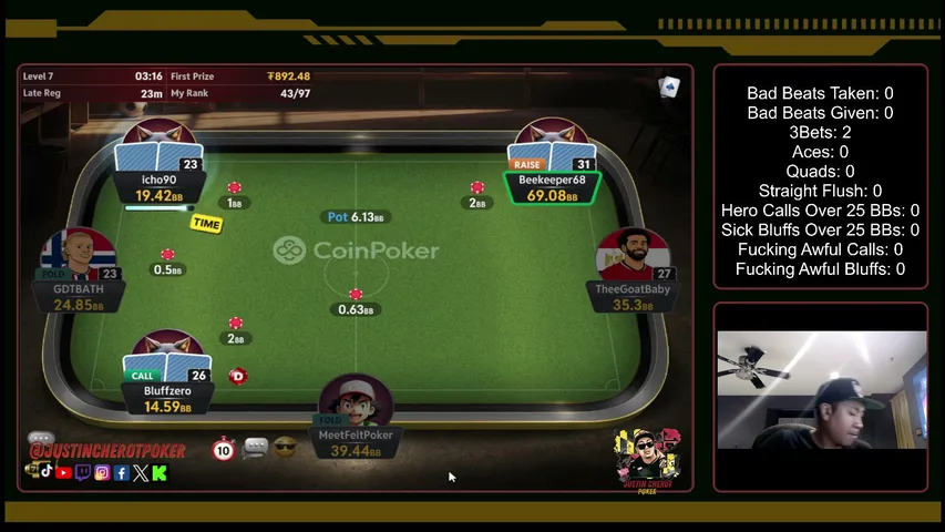 JustinCherotPoker playing Poker - Live Casino Stream