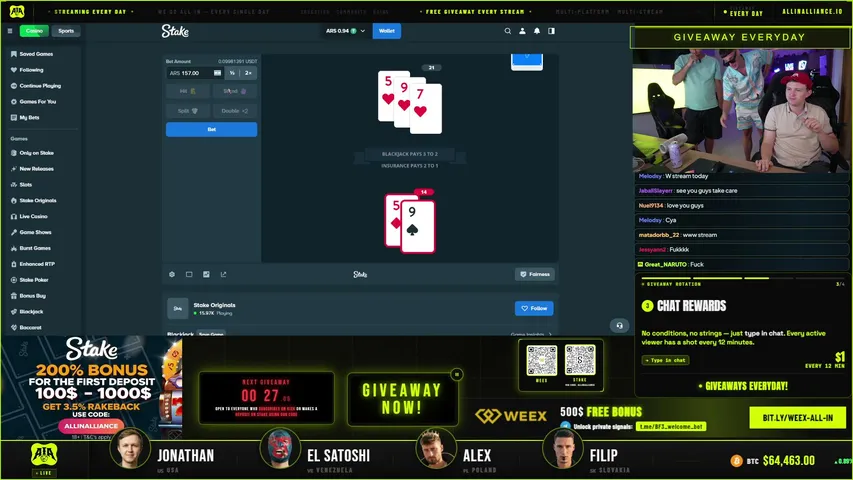 GIVEAWAYS LIVE || SLOTS AND BLACKJACK || SLOT TOURNAMENTS || STAKE CODE "ALLINALLIANCE"