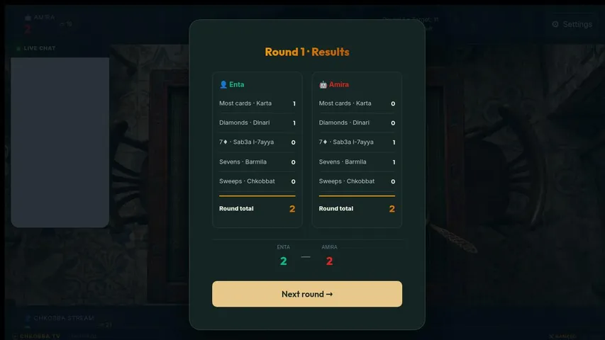 chkobba-gg playing Card Games - Live Casino Stream
